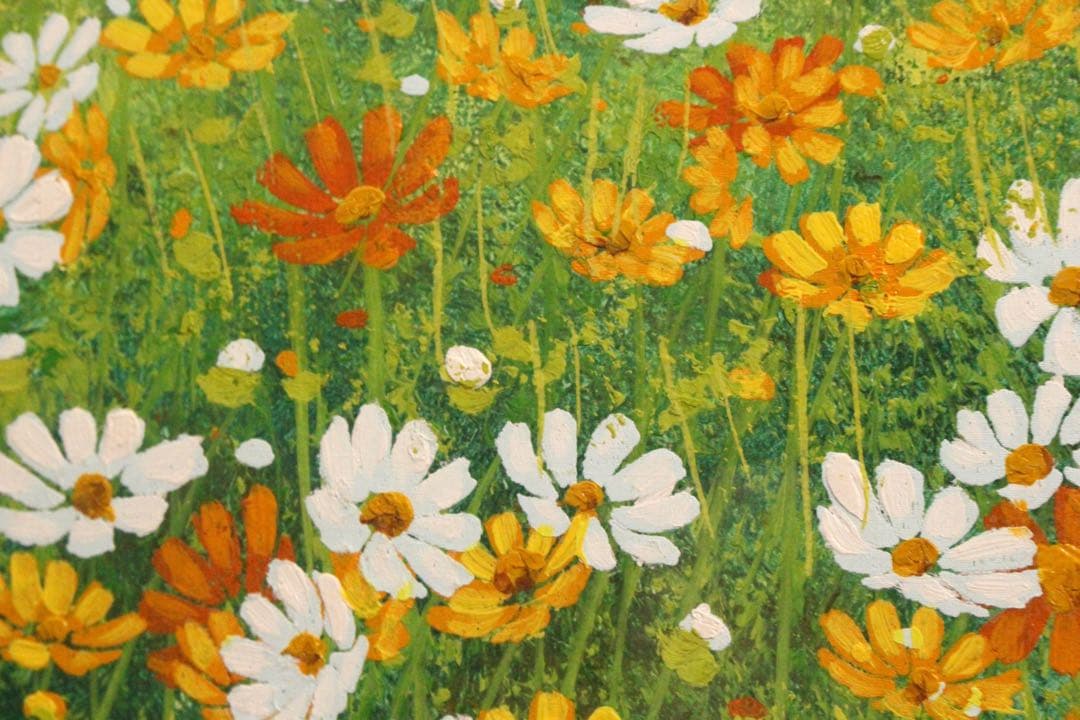 No5055 額装　金謙伊　コスモス　油彩　大作　直筆サイン　風景画　送料無料