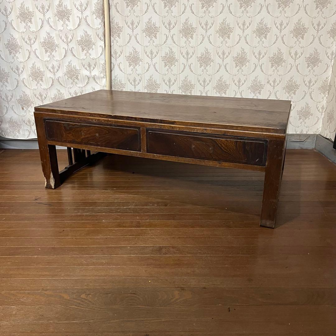 【アンティーク】木製 無垢材 文机 座卓 書斎机 2杯引出し 古家具 古民家