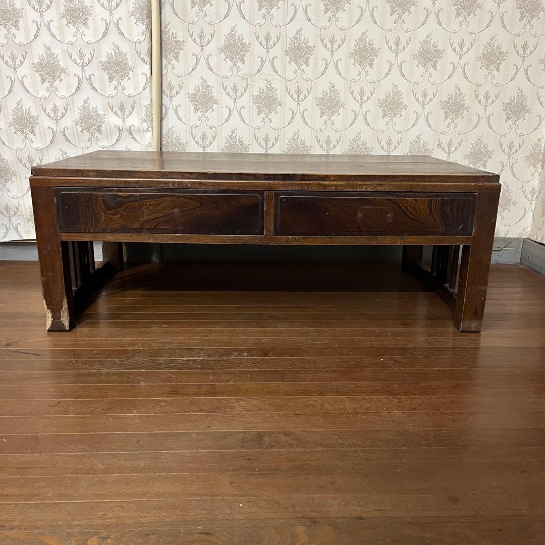 【アンティーク】木製 無垢材 文机 座卓 書斎机 2杯引出し 古家具 古民家