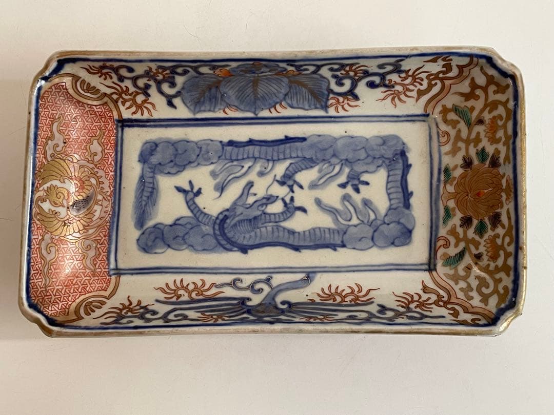 骨董　アンティーク　古伊万里　色絵　金襴手　龍図　鮎皿　長方皿