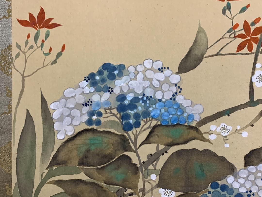 高橋健 紫陽花図 絹本 肉筆 掛軸 共箱 二重箱 日本画 香川県 698