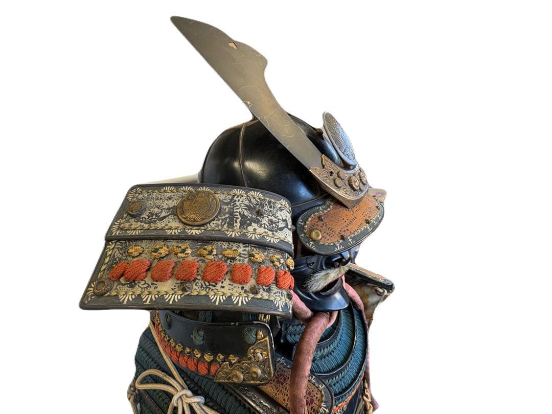 け*屋様 日本美術 時代甲冑 等身大 家紋入 丸に揚羽蝶 鎧兜 一式 面頬 鎧櫃