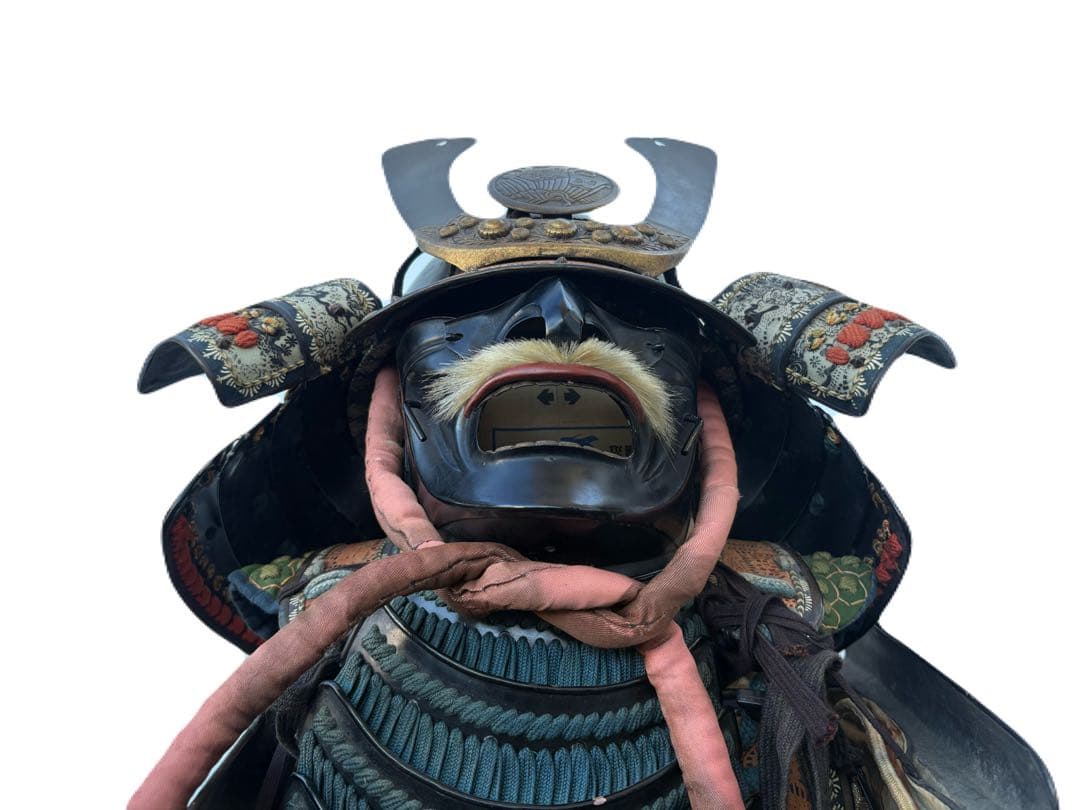 け*屋様 日本美術 時代甲冑 等身大 家紋入 丸に揚羽蝶 鎧兜 一式 面頬 鎧櫃