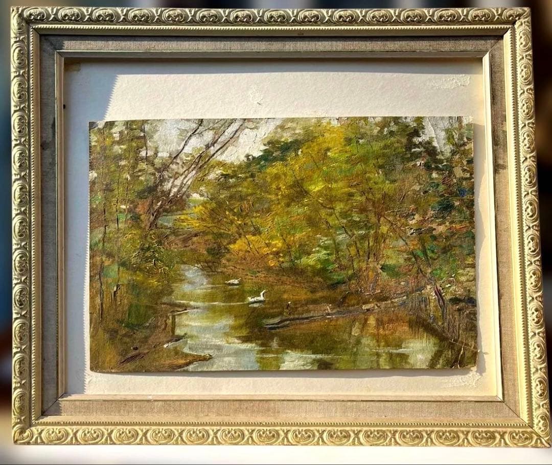 油彩絵　湖の鴨　額付き、ガラス無し