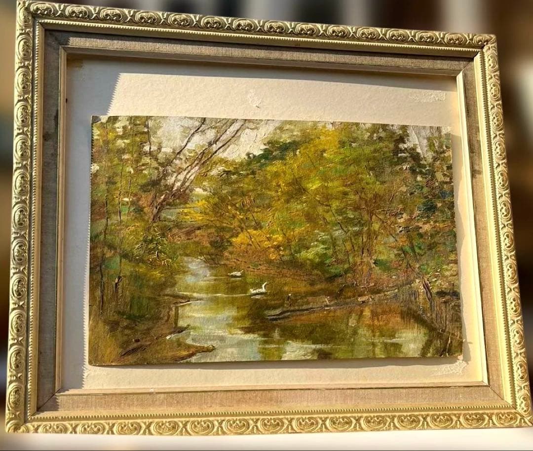 油彩絵　湖の鴨　額付き、ガラス無し