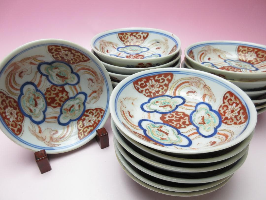 大明成化年製 銘 龍 鳳凰紋 小鉢 深皿 18客 TN110