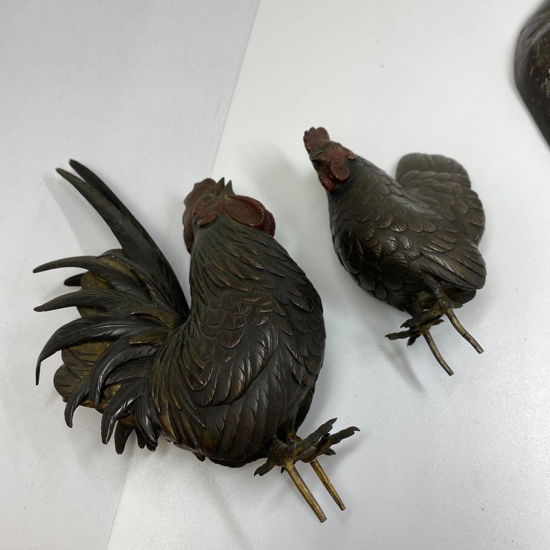 専用　押本清司　銅製　彩色　双鶏　「清司作」　2255g 東さ7-0425☆2F