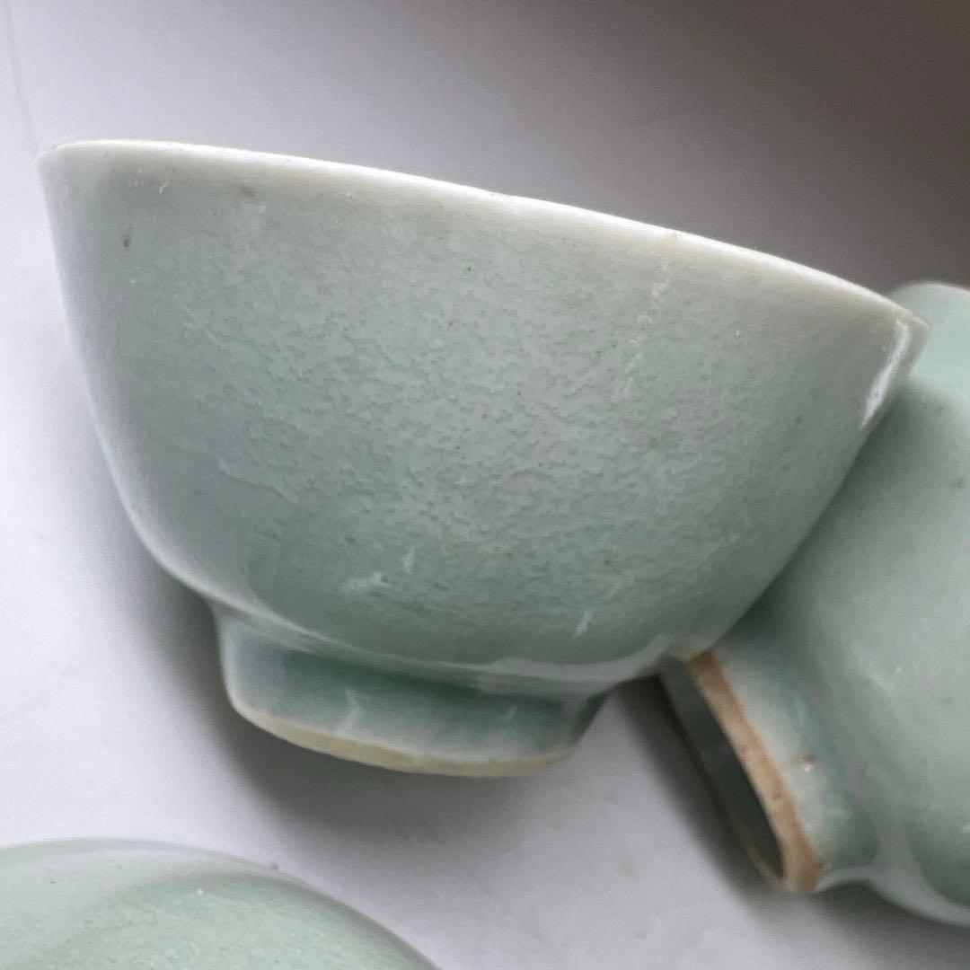 中国清朝時代　青磁煎茶碗5客　木箱付　口径約6.8㎝　東Y8-0203①トヒカ