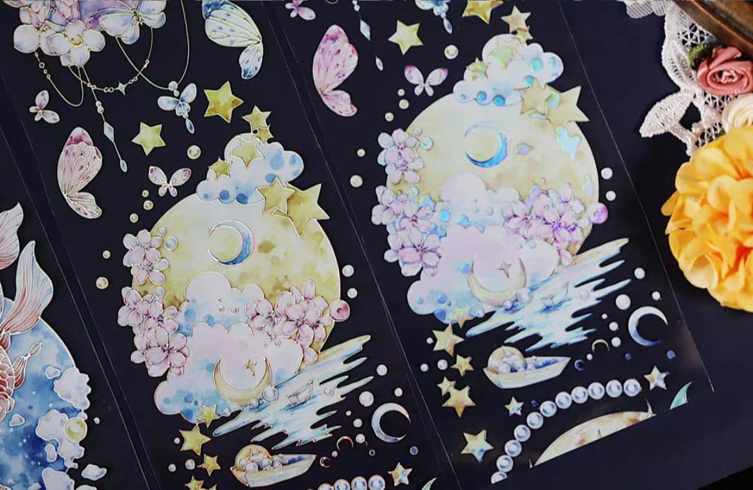 巻売 526★ 海外 マスキングテープ マステ PET 装飾 花 月 虹光