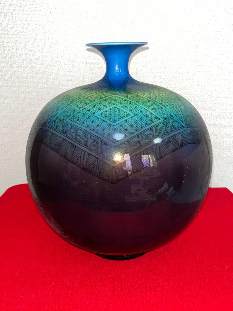 【特大】人間国宝 三代 徳田八十吉（正彦銘）碧明釉 小紋壺 約29cm T237