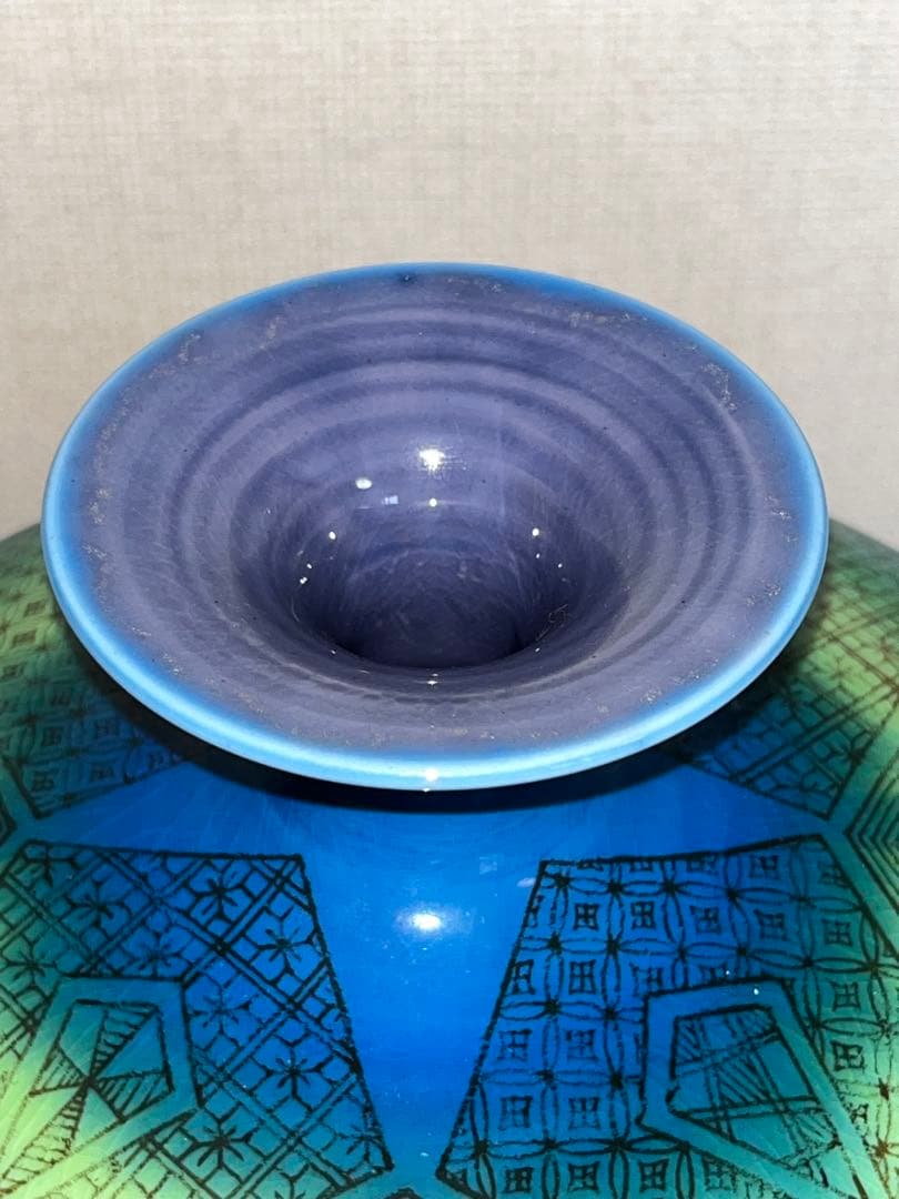 【特大】人間国宝 三代 徳田八十吉（正彦銘）碧明釉 小紋壺 約29cm T237