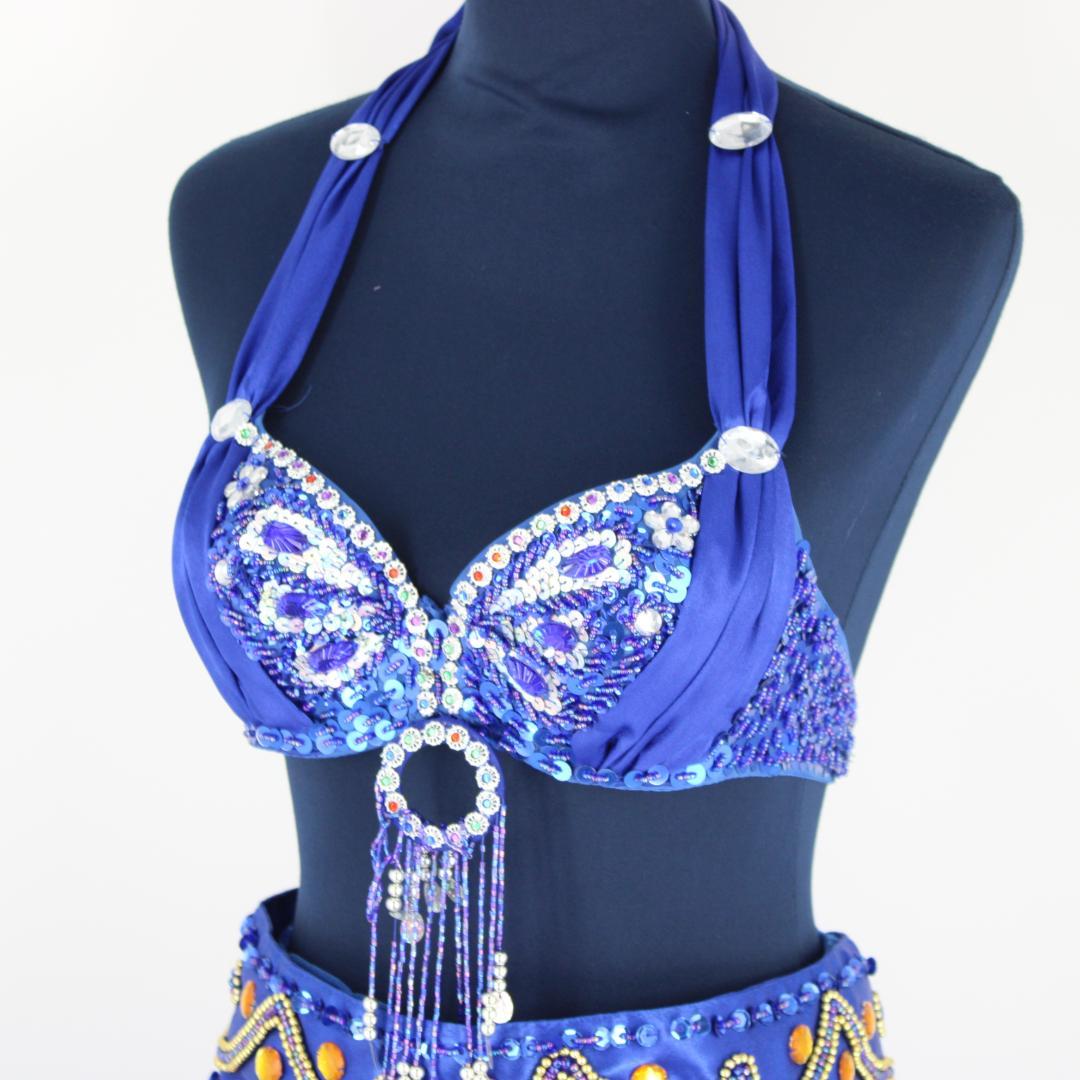 【ベリーダンス用オリエンタル衣装】スパンコール・ビジュー多数付き ブルー系