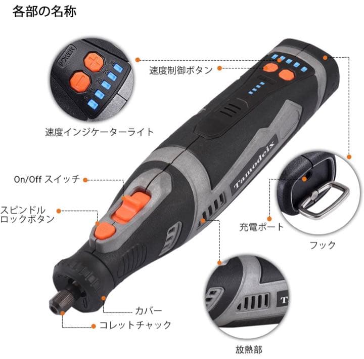ミニルーター リューター 充電式 8V 5段変速43pcs 30000RPM