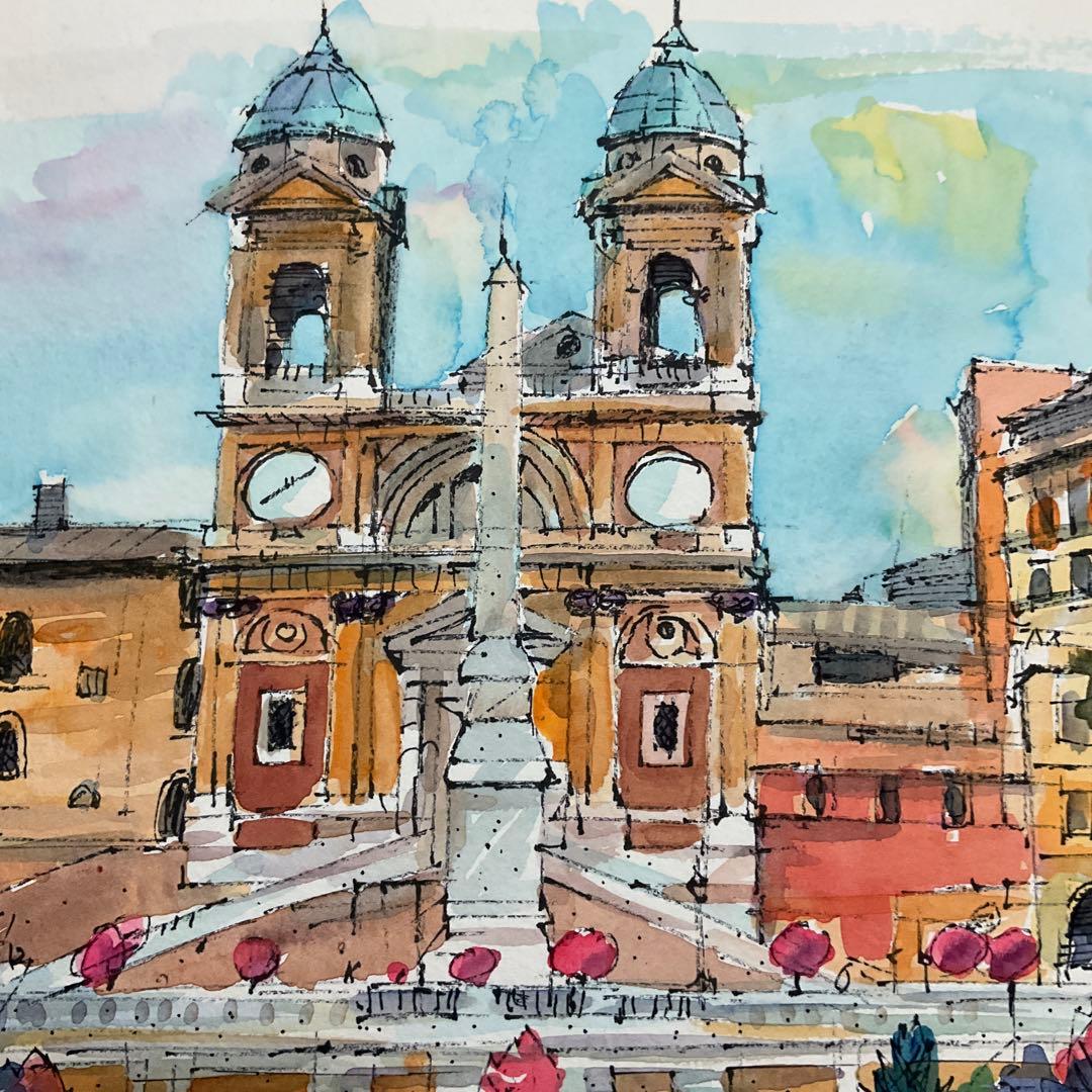 絵画・額縁・水彩画・鶴 十帆・スペイン広場(ローマ)・美術品・インテリア・雑貨