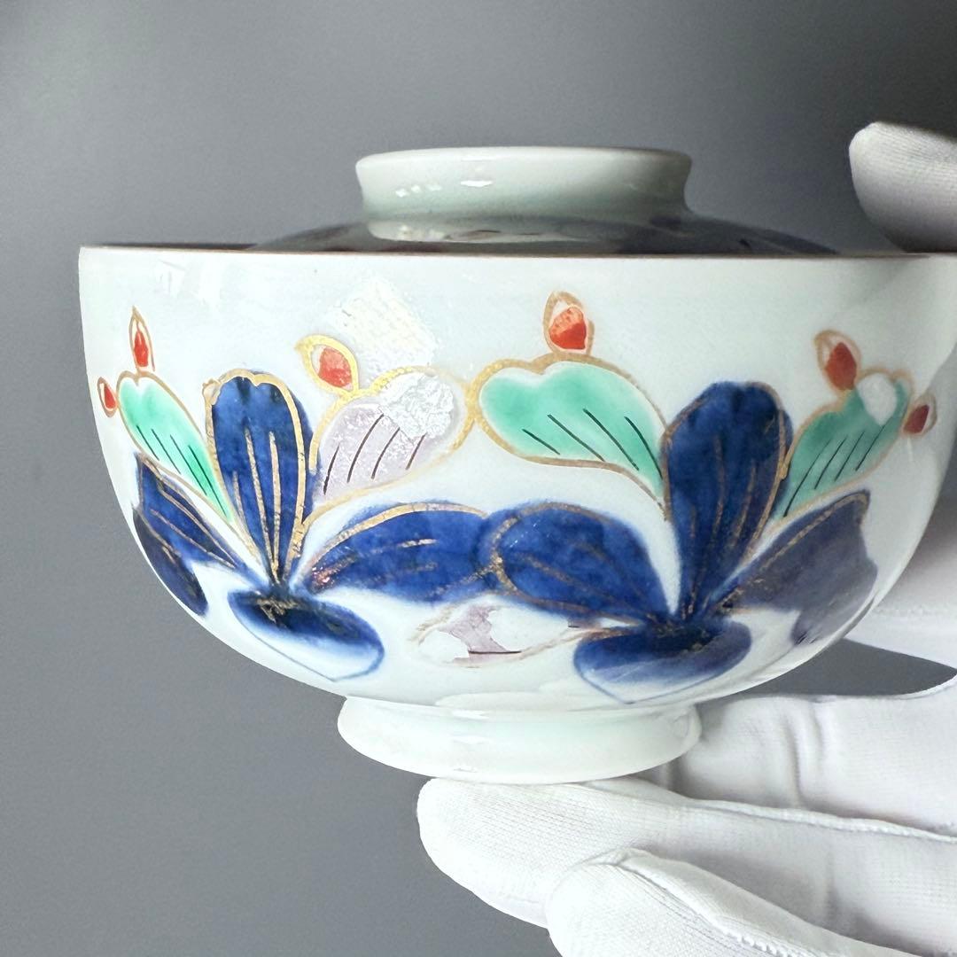 幕末〜明治時代　染錦かぶ文様蓋物　五客　蝶　可愛らしい器　料理屋