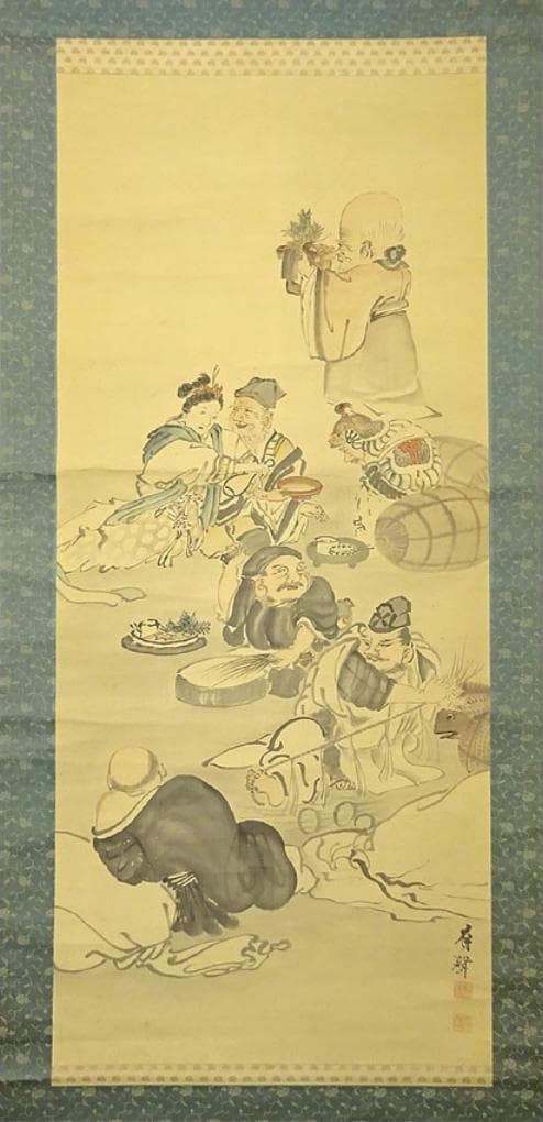 掛軸 有聲『七福神図』日本画 絹本 肉筆 箱付 掛け軸 p12252