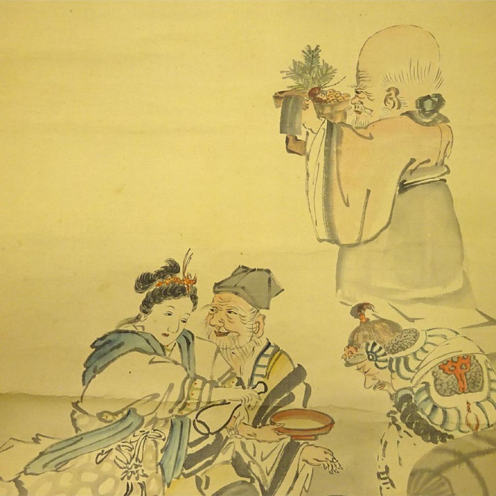 掛軸 有聲『七福神図』日本画 絹本 肉筆 箱付 掛け軸 p12252