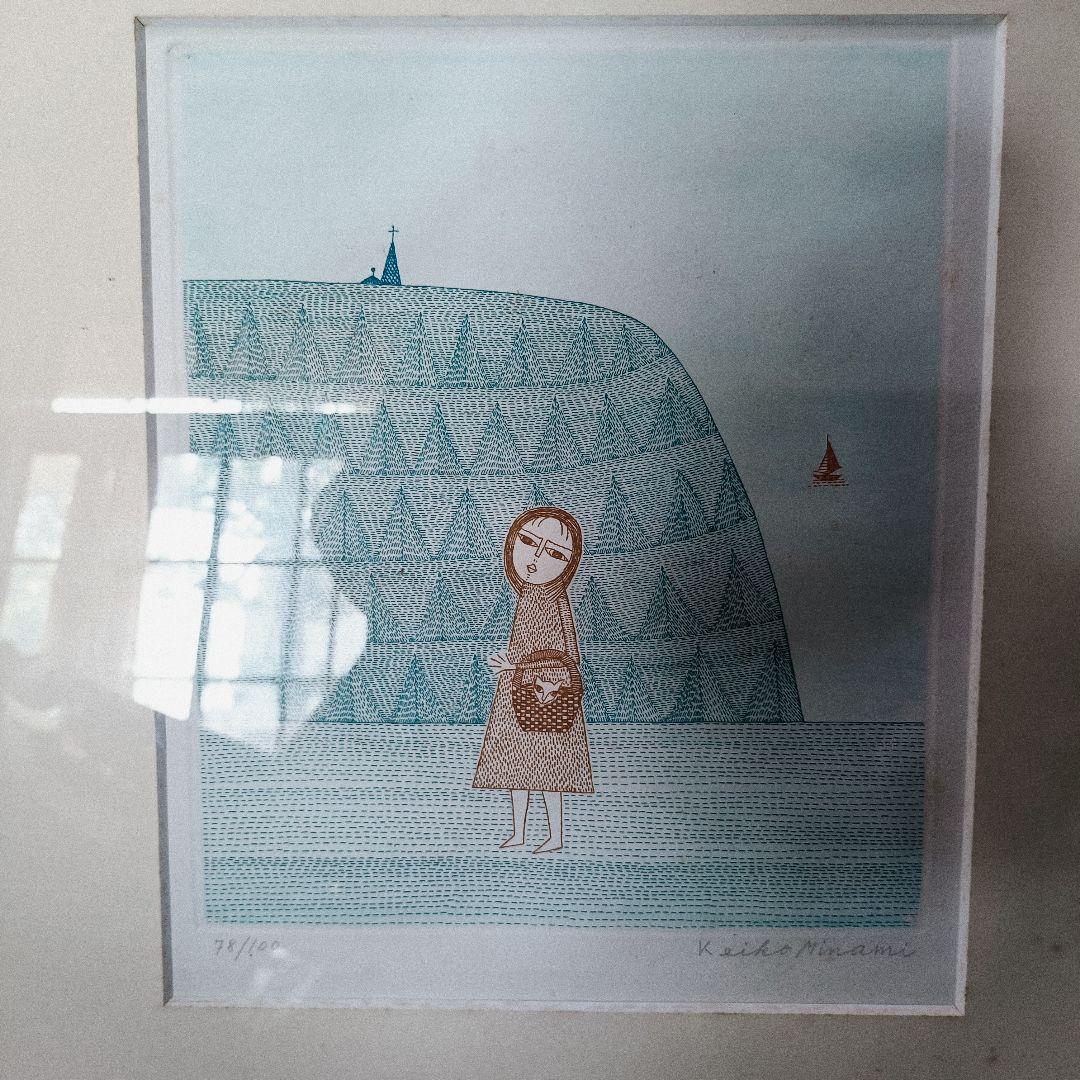 真作　南圭子 水彩画 版画　少女と子猫　リトグラフ