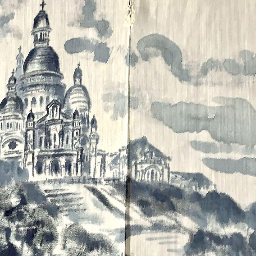 暖簾 本麻 藍墨『モンマルトル』水墨画家による肉筆 一点物