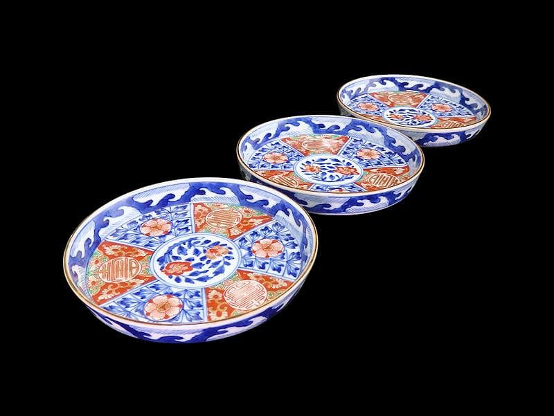 大聖寺伊万里　金襴手　寿に花　牡丹の図　縁高４寸皿　３枚　143AS-CUu