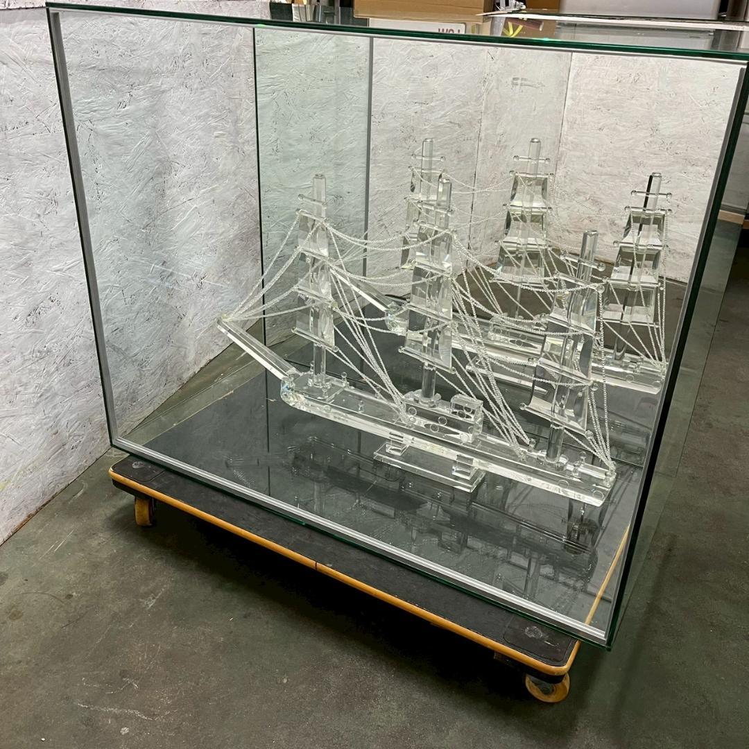 【直接引取限定】 ガラス帆船 ケース付き 置物 模型 オブジェ A1062