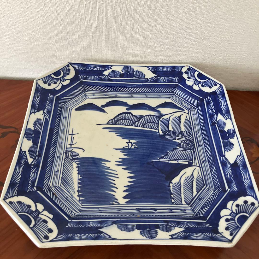 #幕末明治　染め付け　山水図　角切皿　銘入り