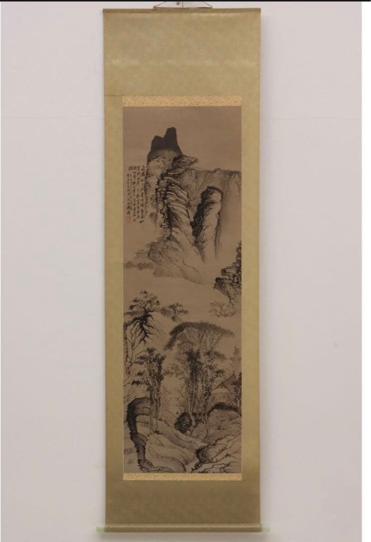 明清画家　石濤 石涛 掛軸(紙本) 水墨 「山水飛瀑図」 砡製画軸