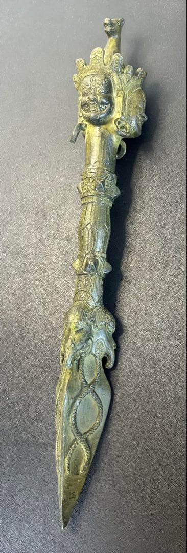 西藏チベット古銅三面馬頭金剛降魔杵 縁起物　工芸品 美術品 風水置物 旧家蔵出し