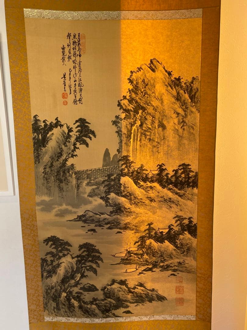 中国書画 民国画家　黄省三　筆 楓橋夜泊図　絹本水墨 山水画賛
