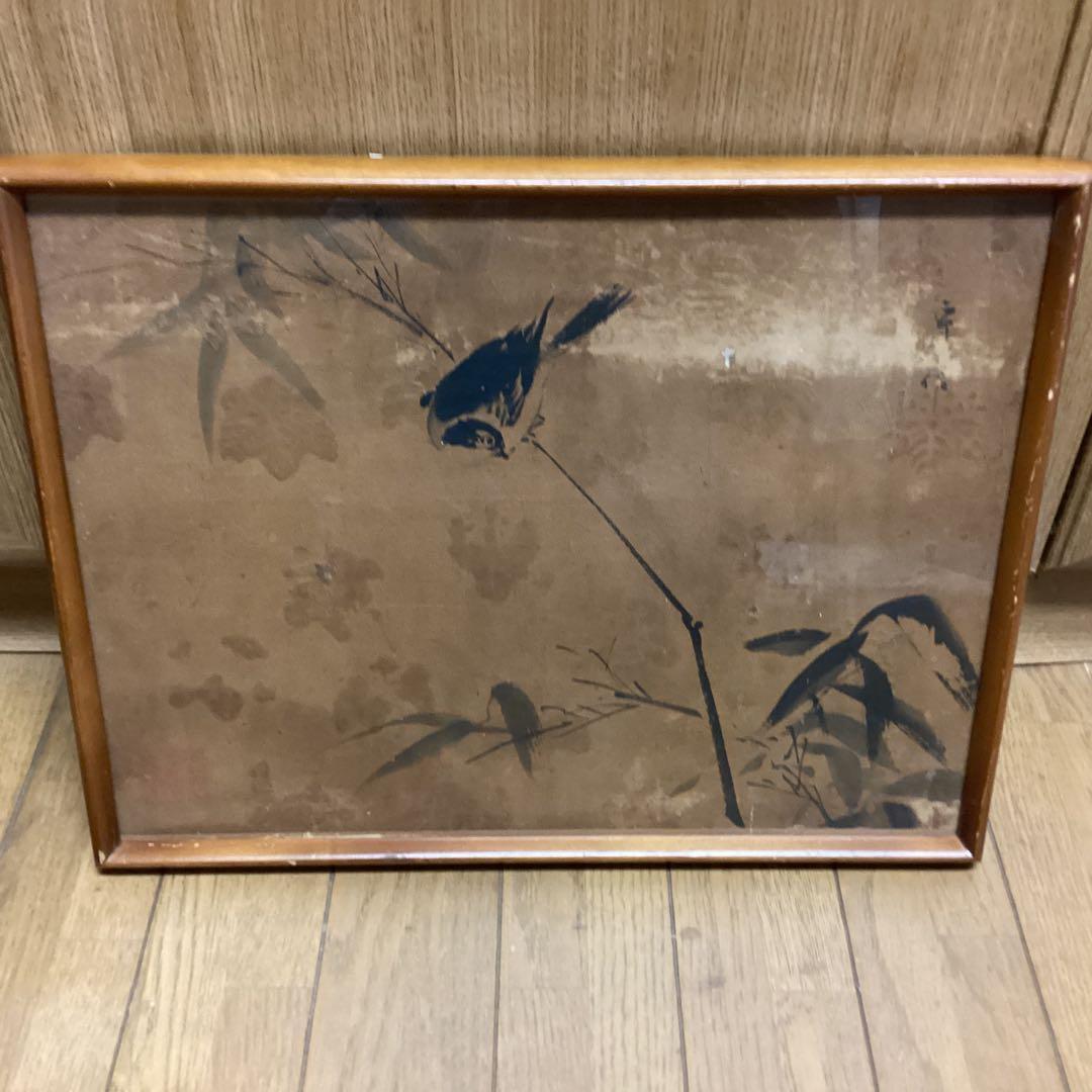 狩野法眼　守信　紙本水墨花鳥図【　竹に小禽図　】　軸外し額装仕立　模写　EJ