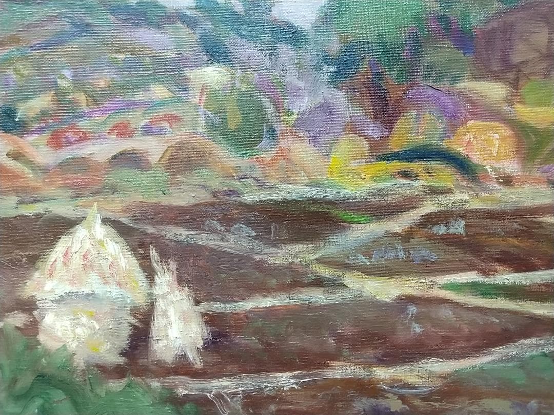 油絵「里」さと 1975 F8 油彩画 絵画 風景画 アート