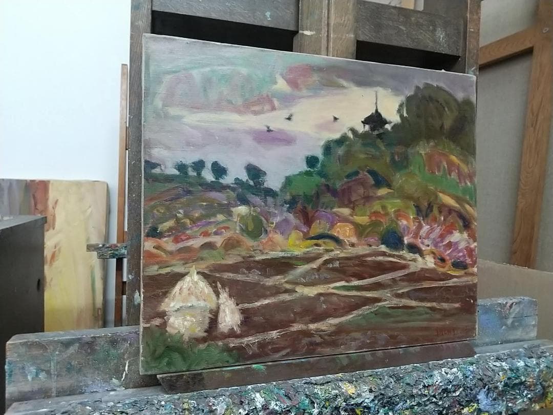 油絵「里」さと 1975 F8 油彩画 絵画 風景画 アート