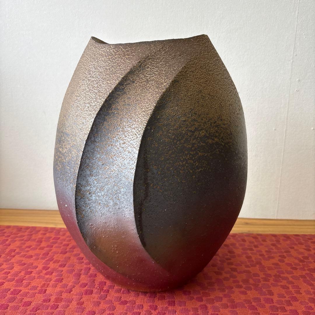 山下譲治 備前扁壷 綾線文扇壺 共箱共布栞 高さ約38ｃｍ 師(人間国宝伊勢崎淳