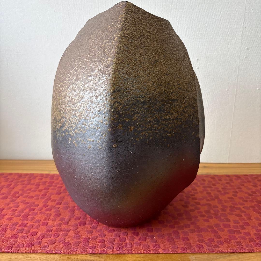 山下譲治 備前扁壷 綾線文扇壺 共箱共布栞 高さ約38ｃｍ 師(人間国宝伊勢崎淳