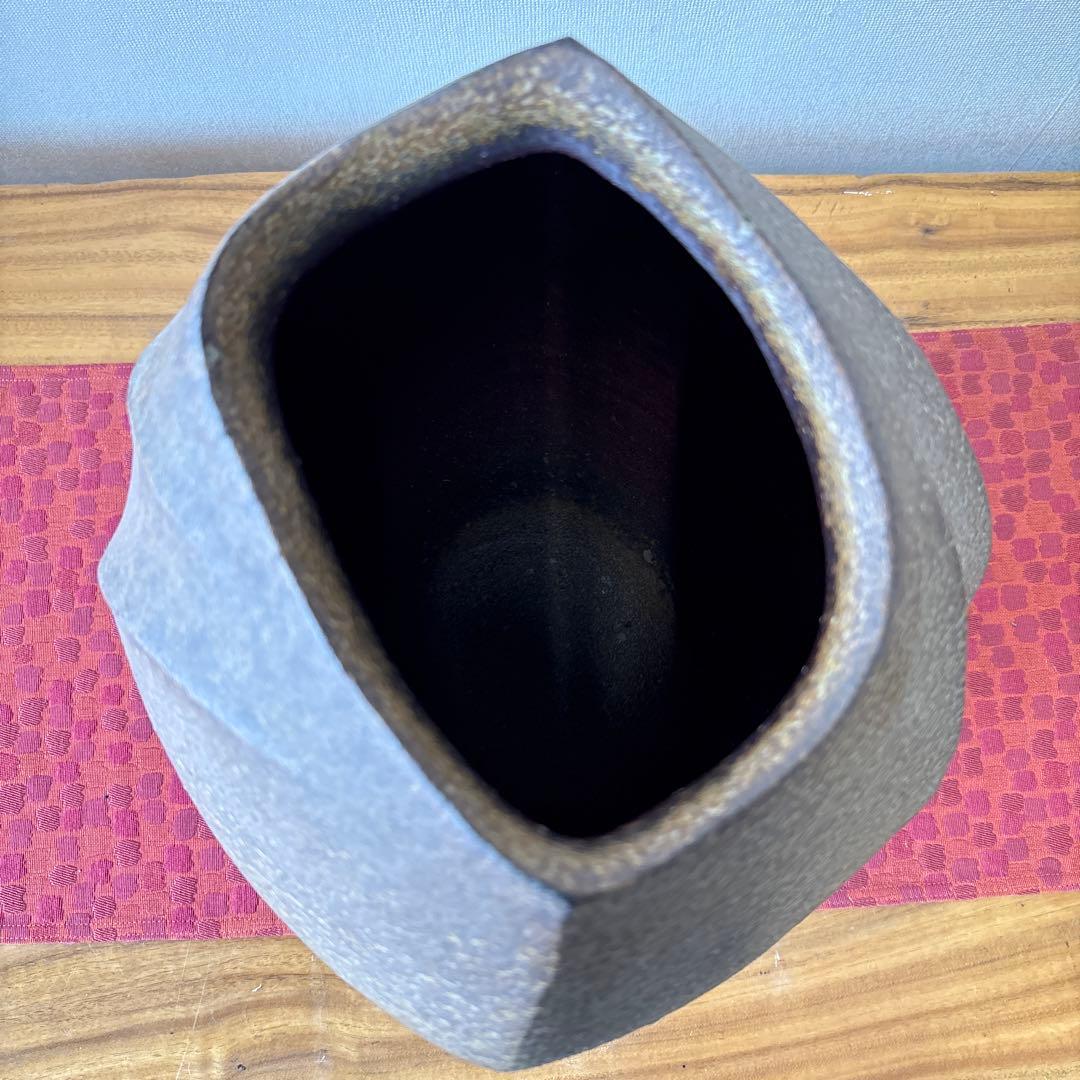 山下譲治 備前扁壷 綾線文扇壺 共箱共布栞 高さ約38ｃｍ 師(人間国宝伊勢崎淳