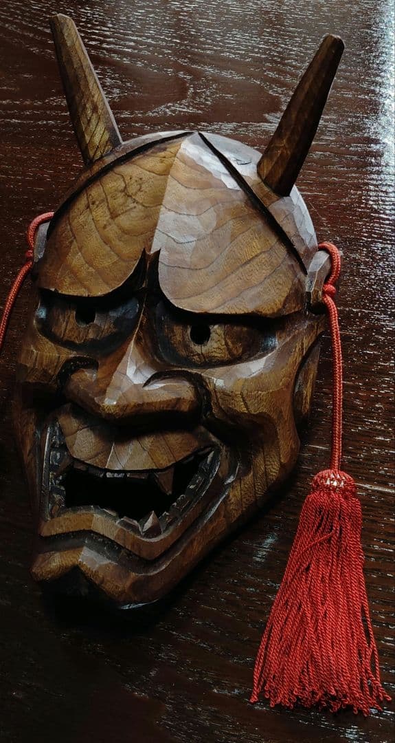 骨董品　アンティーク　木彫り工芸品　木製面　鬼面　迫力満点　彫り師名あり