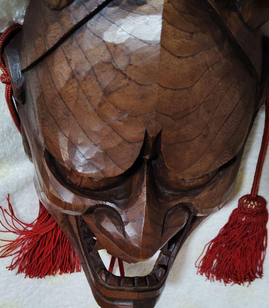 骨董品　アンティーク　木彫り工芸品　木製面　鬼面　迫力満点　彫り師名あり