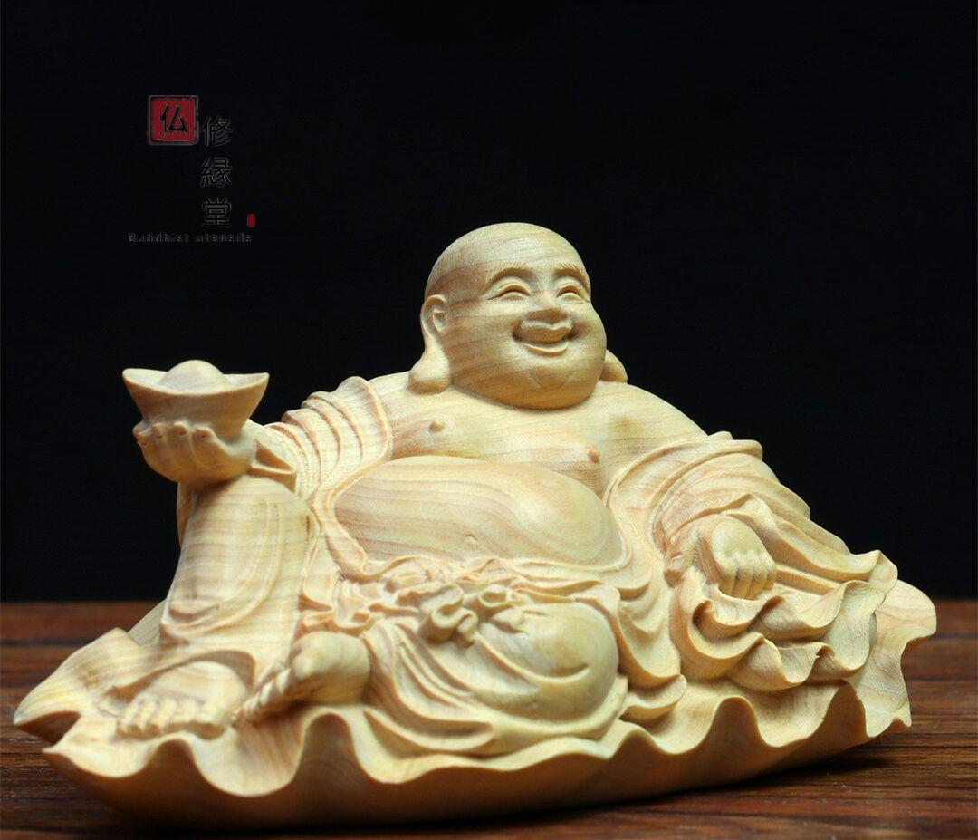 【修縁堂】極上彫 七福神 弥勒仏 布袋様 木彫り 仏像 仏教工芸品 柘植材