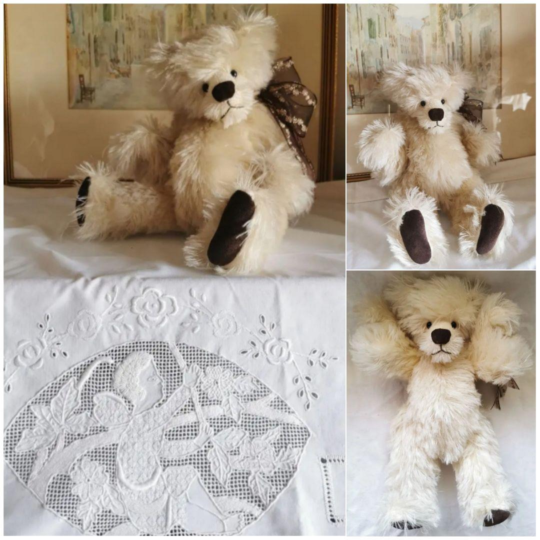 人形作家様ハンドメイド✃ヴィンテージ 毛足の長いテディベア 長髪モヘア金糸リボン