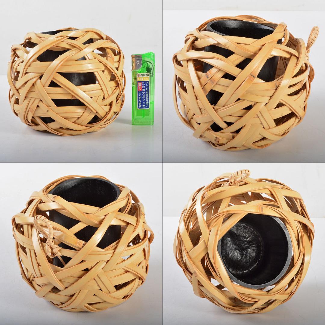 茶道具　日展作家　白石白雲斎作　古竹細工　花籠　掛花生　共箱　V　R4423