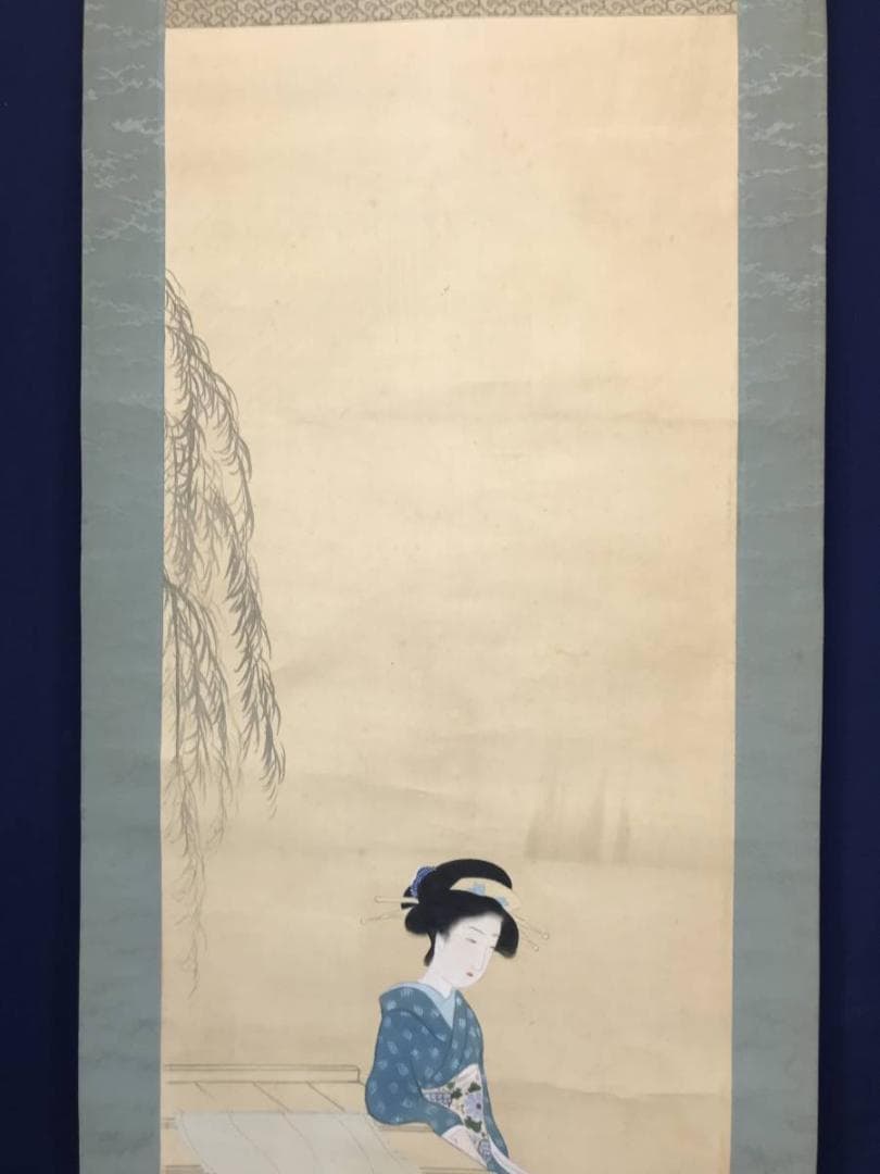 【真作】蕉圃/舟中美人図/美人画/掛軸/名家伝来/AC-175