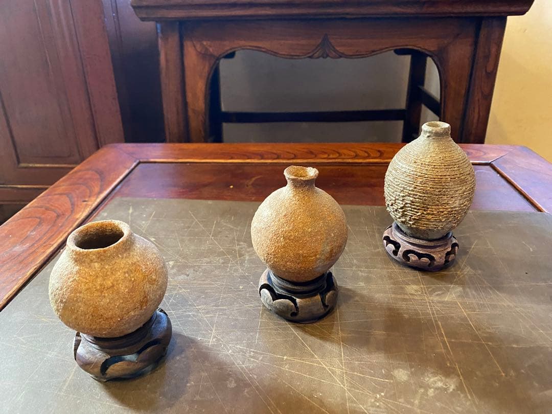 ミニ薪窯鉢　鑑賞台付　３種セット　　ヴィンテージ　一輪挿し　観葉植物　　茶器小物