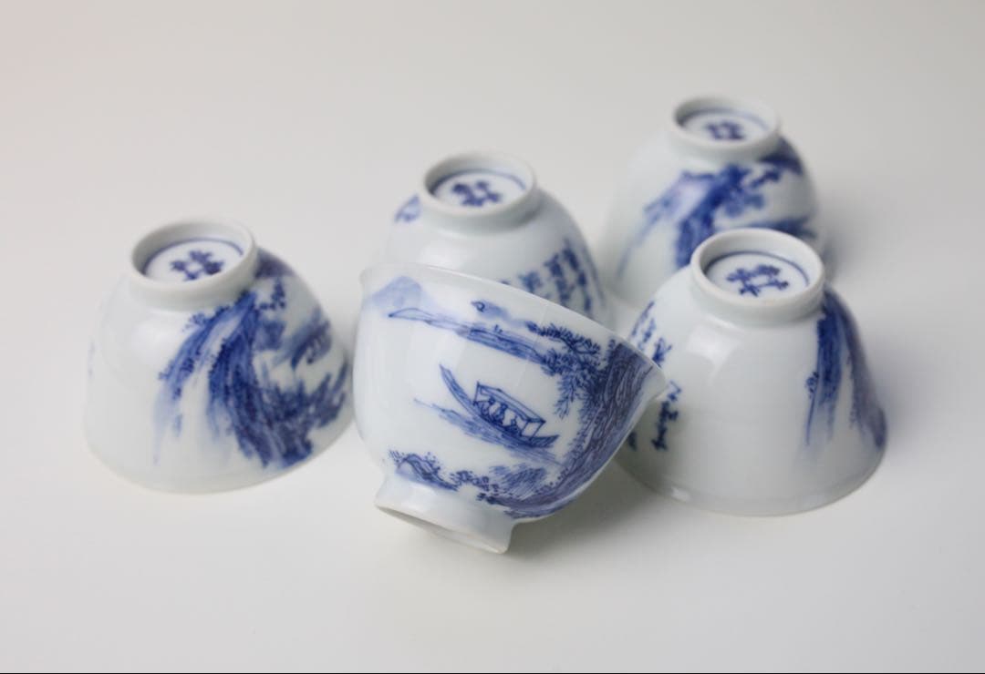 平安　春峰　染付　煎茶器　宝瓶　漢詩　茶碗　湯冷まし