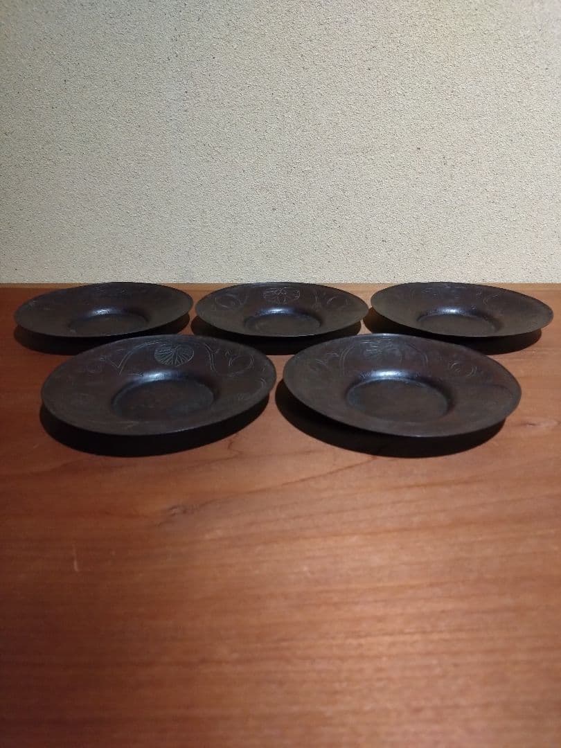 鉄の煎茶道具 鉄製 三つ葉葵 繋ぎ紋 茶托 五客 鉄器 茶道具