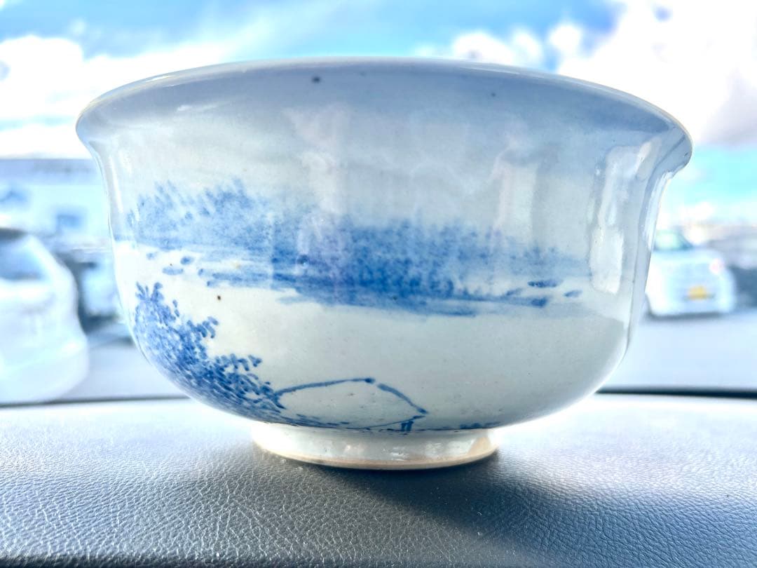 値下げ　明治期犬山焼　吉野吉介作　山本石叟絵と書　染付