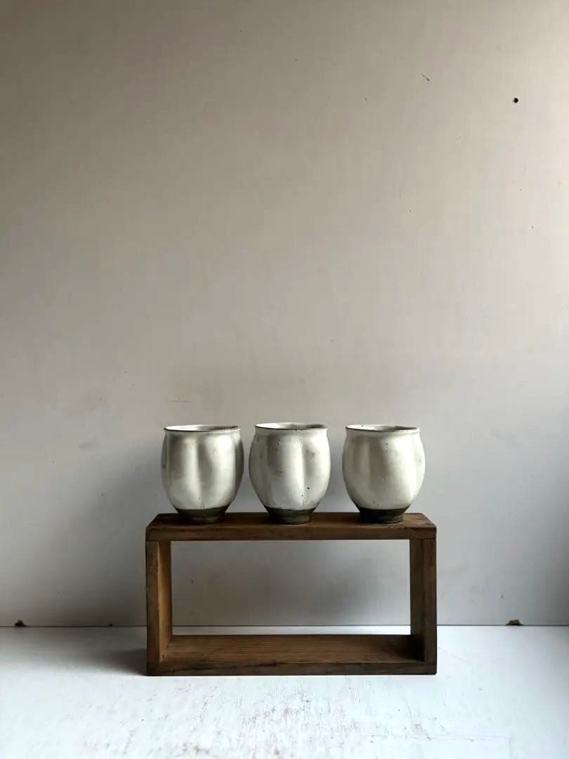 777 民芸 民陶 唐津焼 中里隆 粉引 瓜型湯呑み 3点組 美品