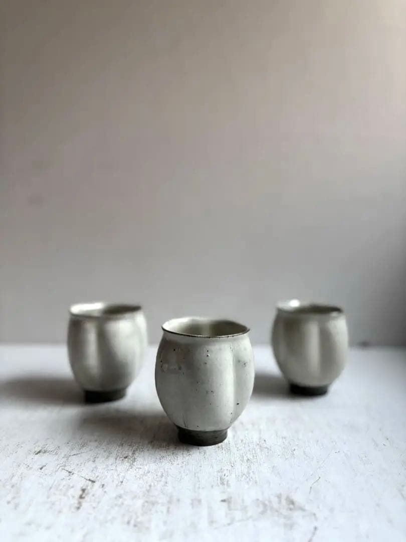 777 民芸 民陶 唐津焼 中里隆 粉引 瓜型湯呑み 3点組 美品