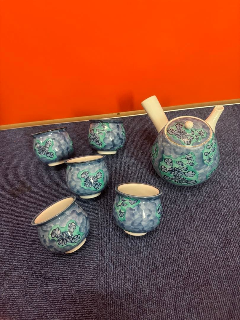 1716  源右衛門窯　青彩菊絵　茶器セット　急須1客　湯呑5客　未使用