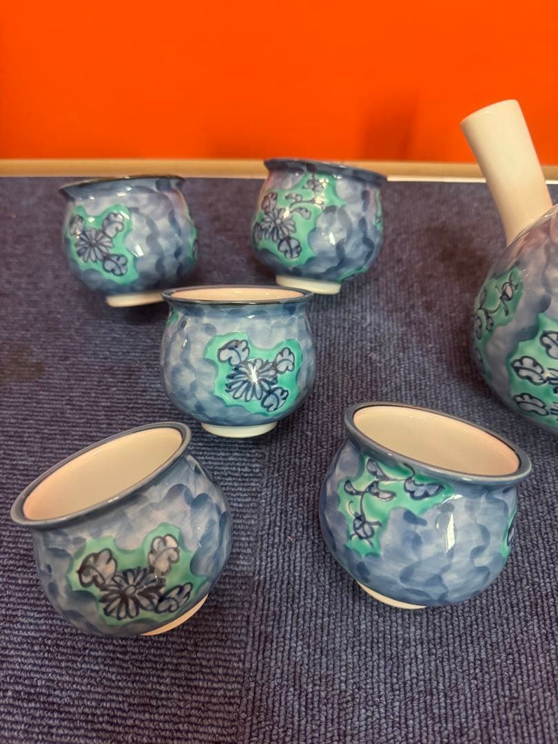 1716  源右衛門窯　青彩菊絵　茶器セット　急須1客　湯呑5客　未使用