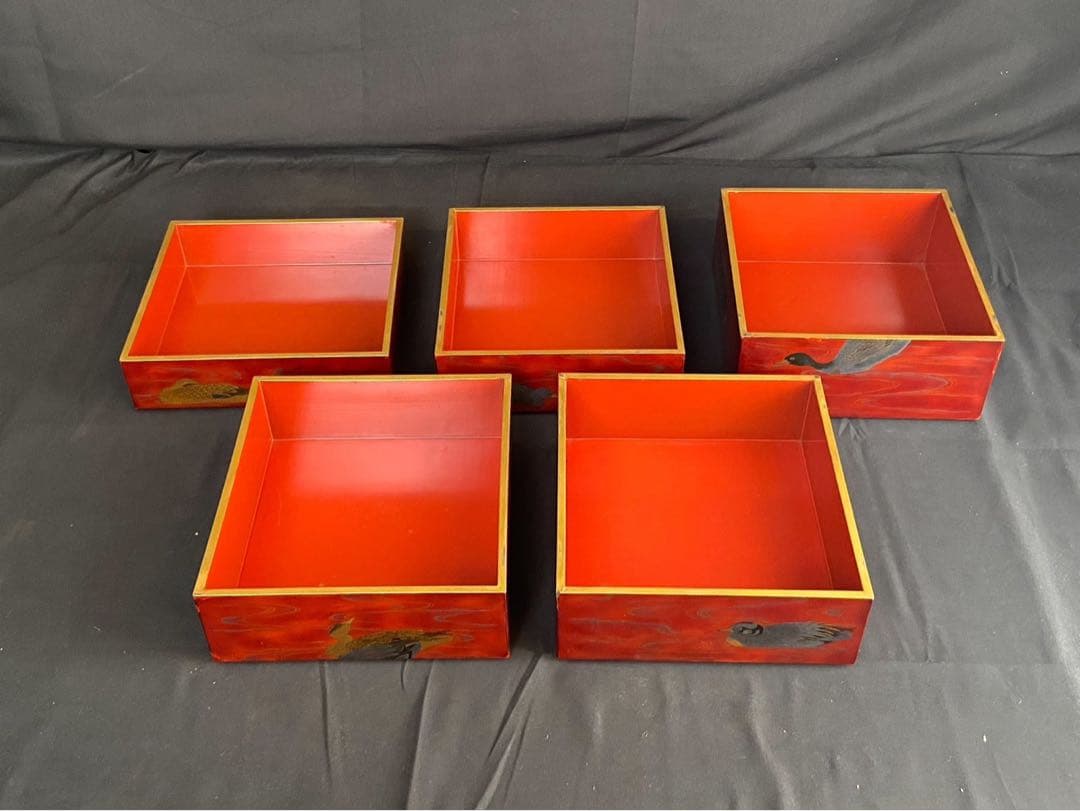 時代漆器 金銀 鴨蒔絵 紅溜 五段重箱 二枚蓋 共箱 木製 / 輪島塗